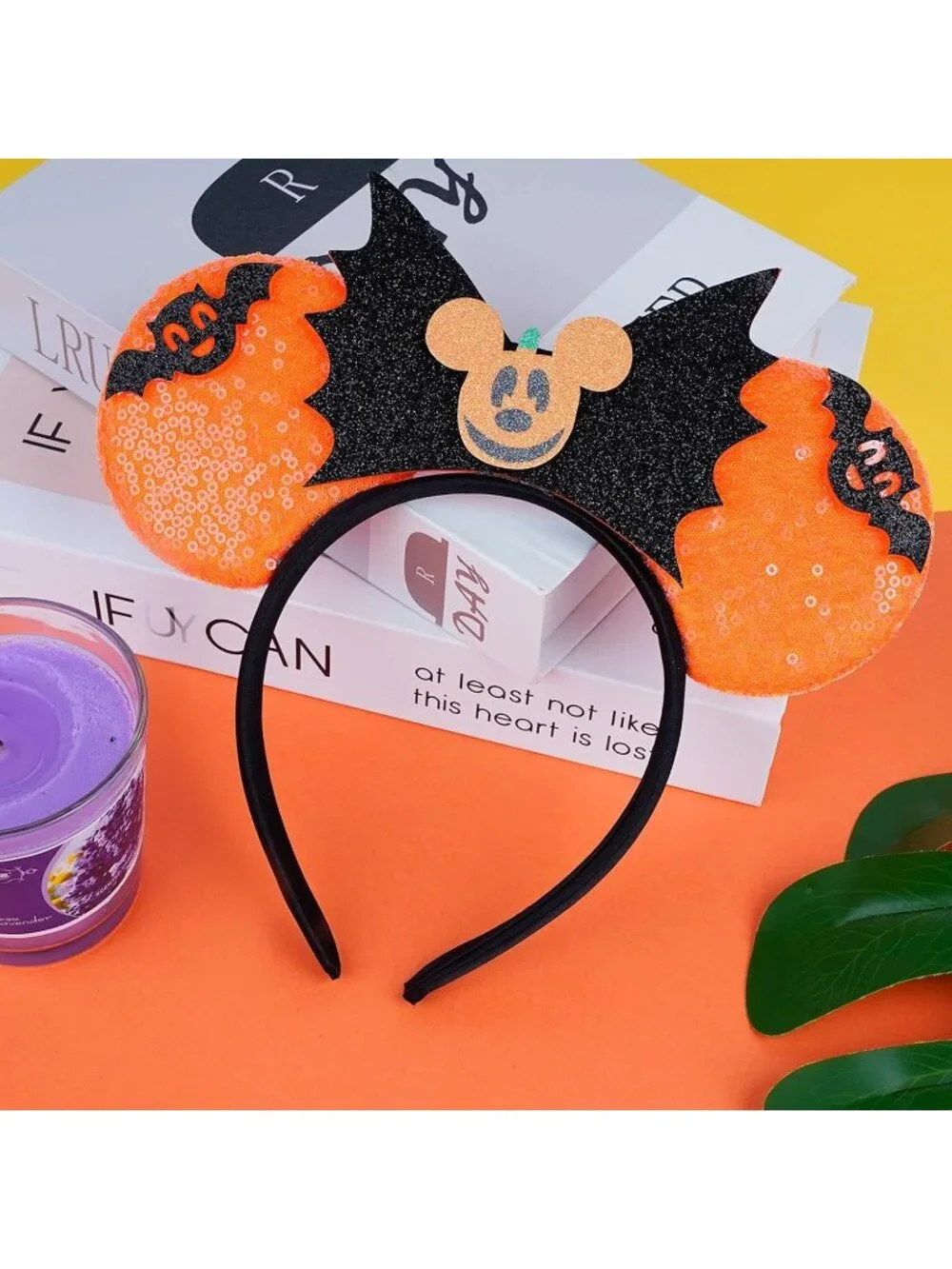 Women orange black Sequin Handmade Mickey Mouse Headband 2 Pieces